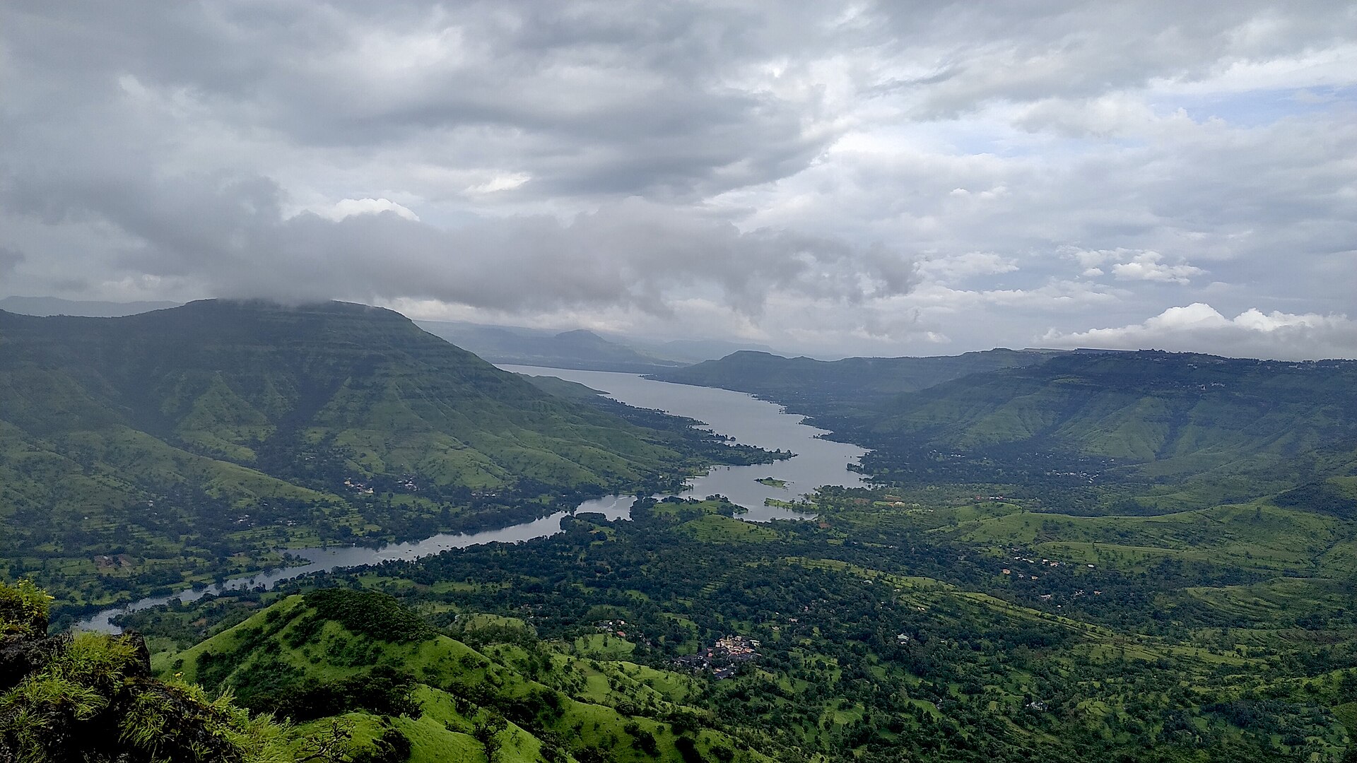 Green valleys and lake viewed from Mahabaleshwar