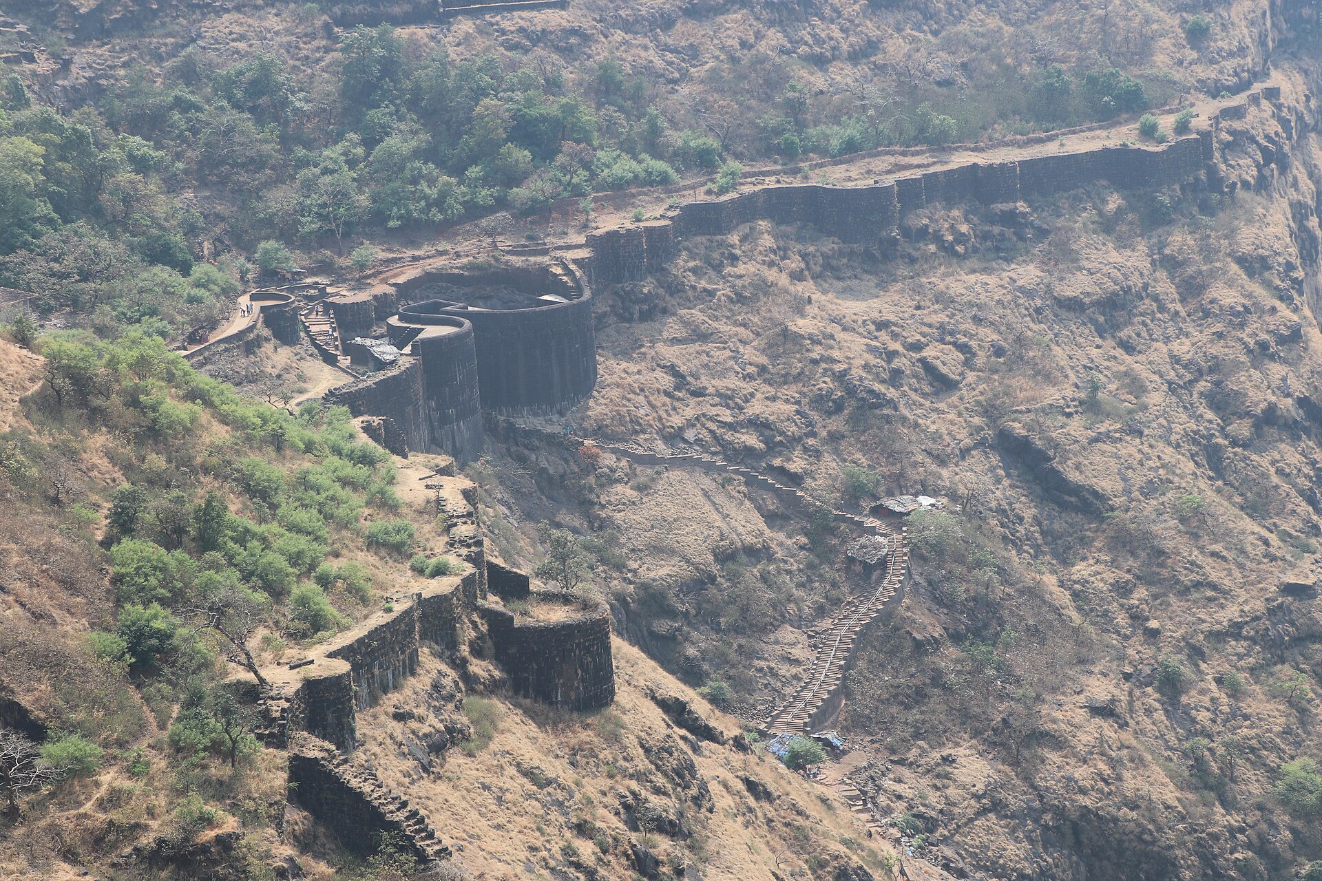 Historic ramparts and steps of Raigad Fort