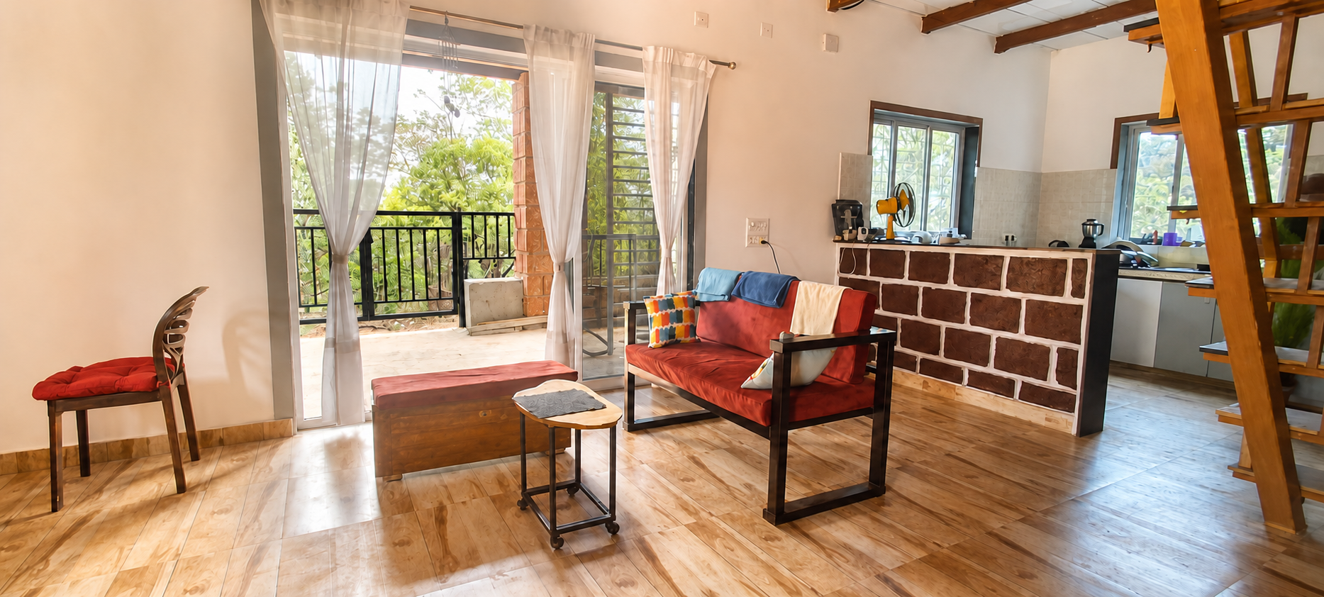 Bright private living room with open deck and kitchen